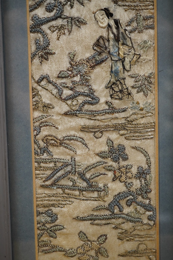 A framed Chinese silk embroidery sleeve band worked with Chinese knotting, 47 x 8cm